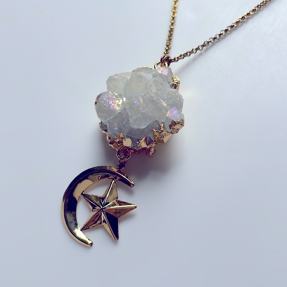 Chunky Iridescent Crystal Rainbow OOAK long Gold chain 2+ 20% off 3+ ship free